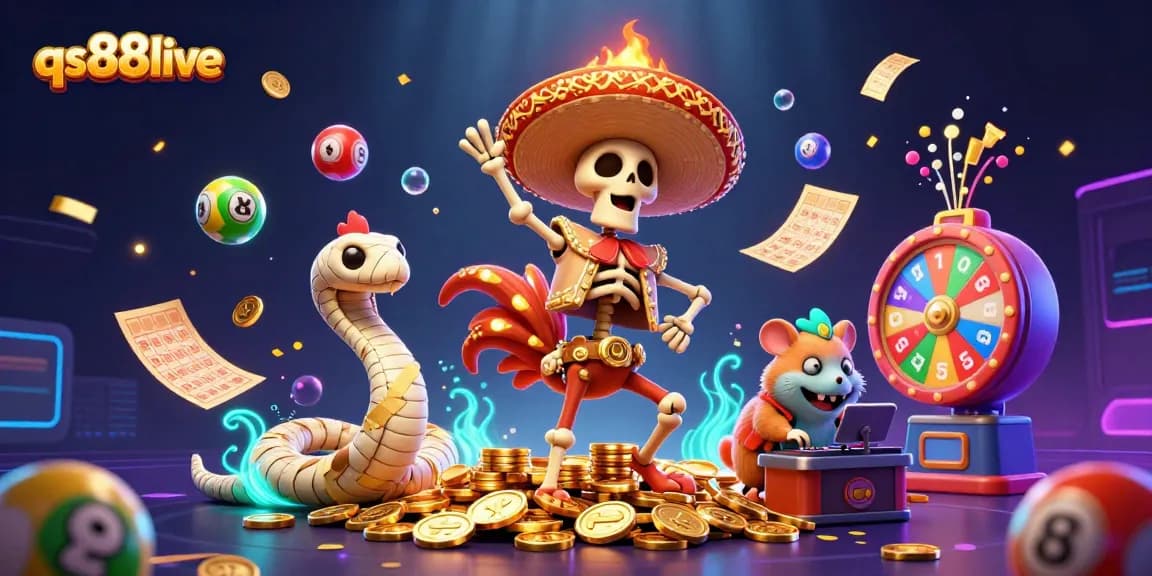 Experience qs88live's vibrant casino atmosphere with dancing characters, colorful games, and golden prizes.