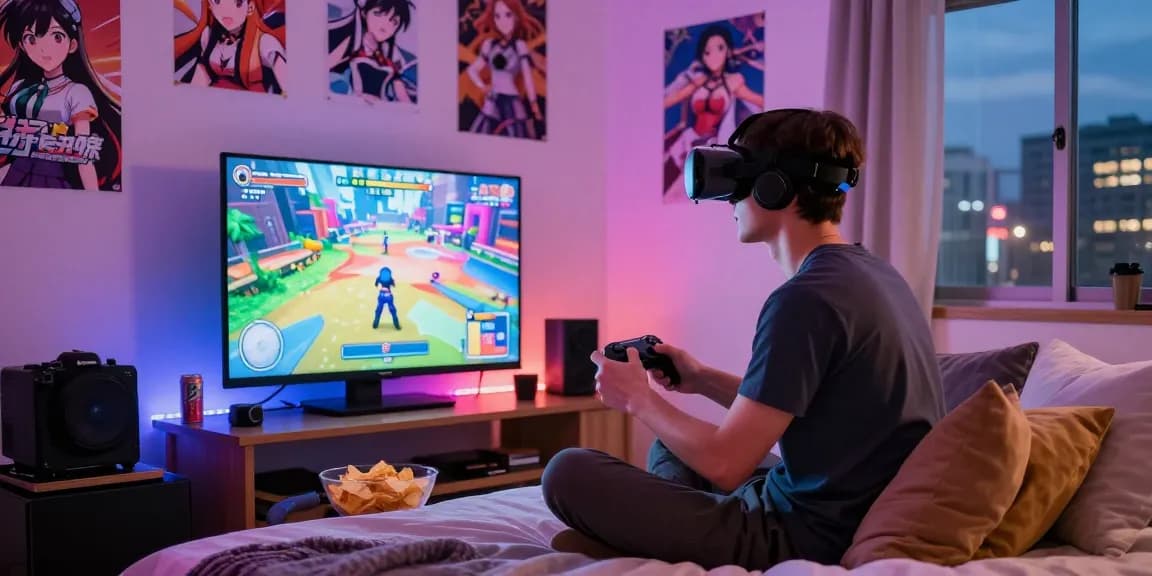 Male gamer enjoying ecchi games in a cozy bedroom, surrounded by vibrant visuals and snacks.