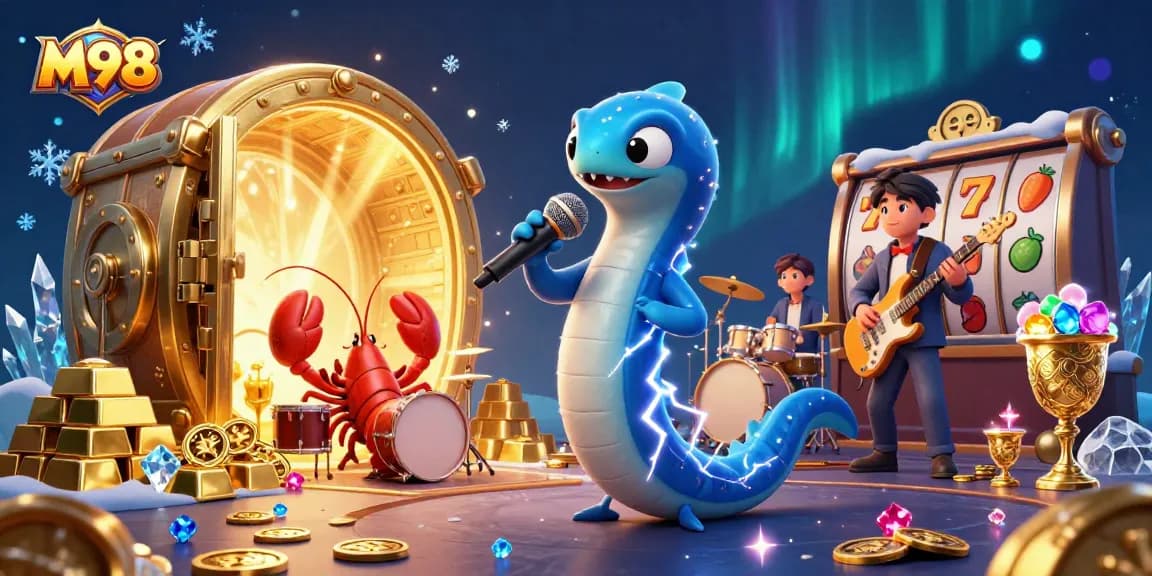 M98 electrifies with a vibrant underwater casino scene featuring slot games and musical characters.