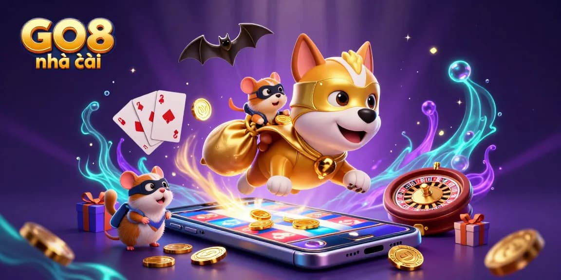 Win big with GO8 nhà cái in this exciting 3D illustration of a superhero dog and his hamster sidekick surrounded by casino elements.