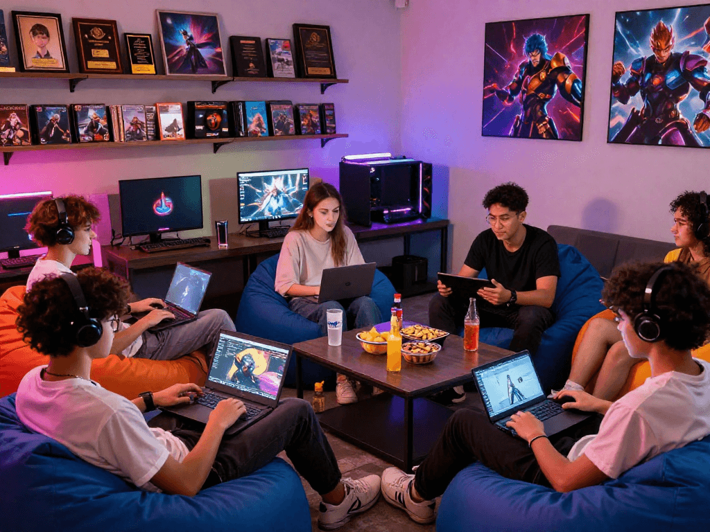 Group playing an adult game in a vibrant gaming lounge, showcasing enjoyment and interaction.