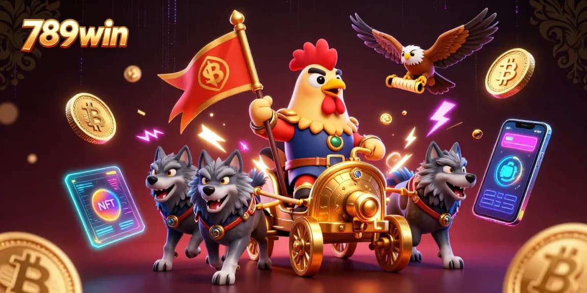 Engage with 789win as a 3D rooster warlord leads a dynamic casino adventure amid glowing cryptocurrency elements.