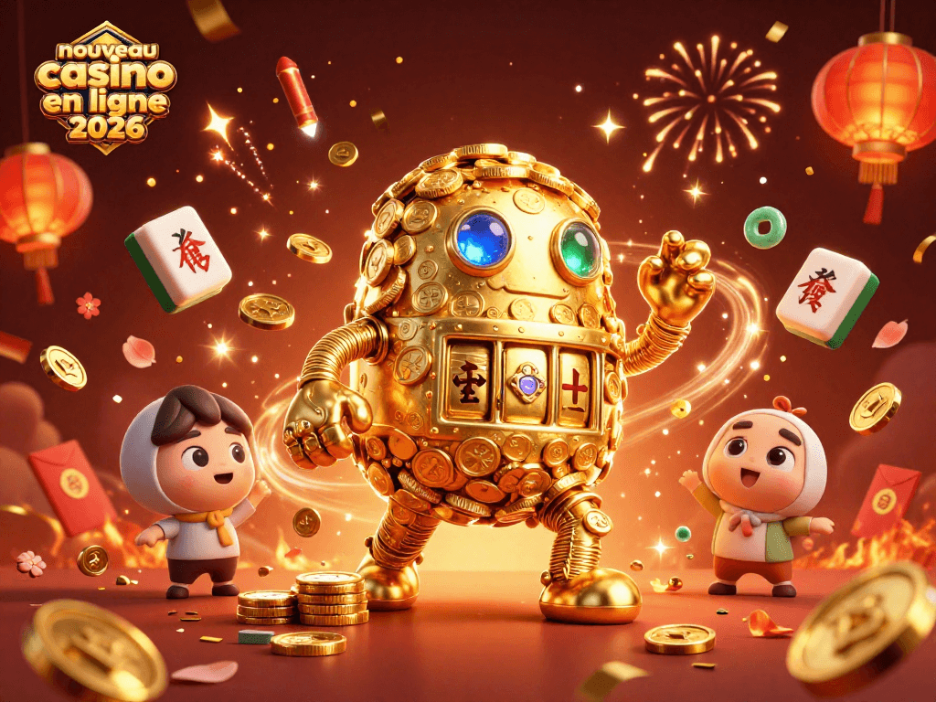 Nouveau casino en ligne 2026 illustrant un golem doré entouré d'éléments festifs de jeux d'argent.