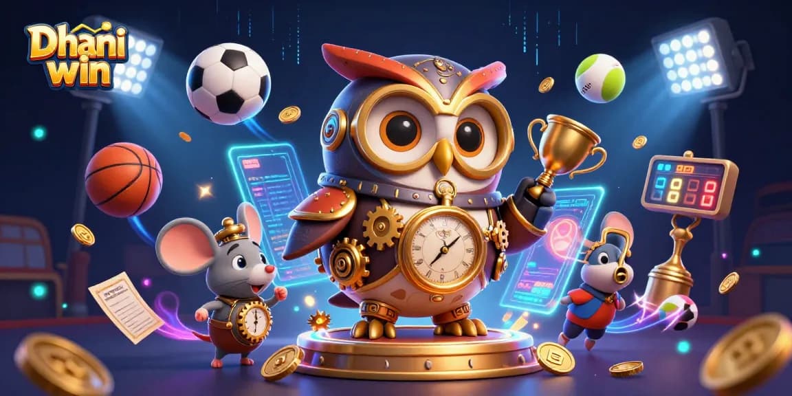 Dhani win showcases thrilling gaming with animated characters in a vibrant casino scene.