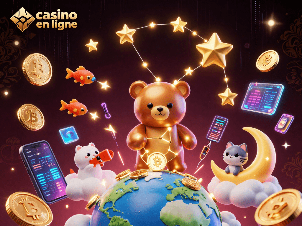 Jouez sur un casino en ligne avec des pièces de Bitcoin et Ethereum, un ours constellation et des poissons étoilés.