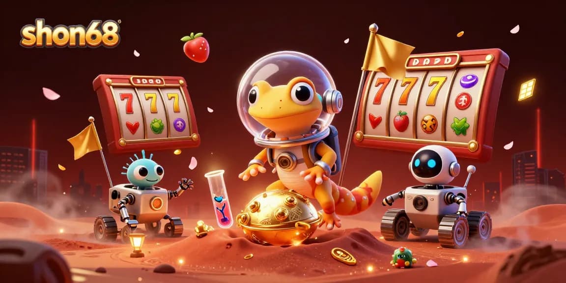 Spin to win with shon68 as a Martian gecko explores a golden casino, surrounded by vibrant gaming elements.
