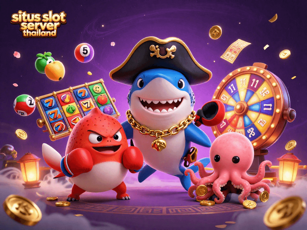 Engaging scene of colorful gaming elements around the main characters promoting situs slot server thailand, highlighting the excitement of online slots.