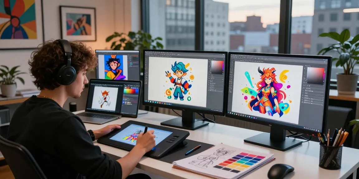 NSFW AI art creation in a modern urban digital studio.