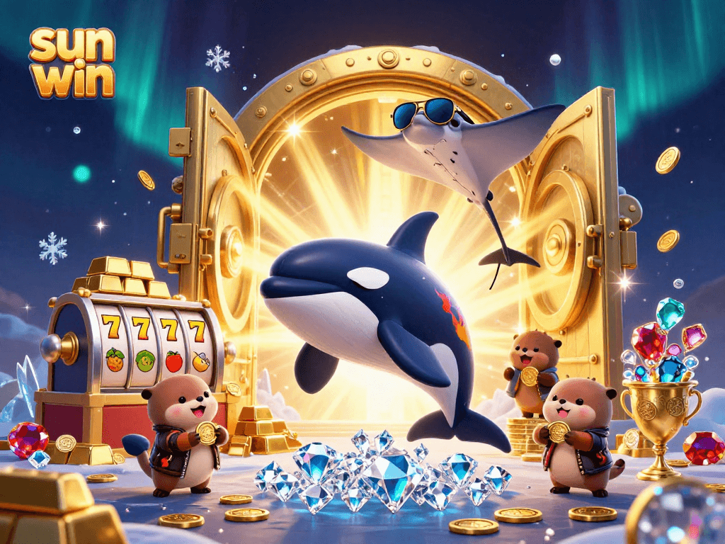 Join the sun win adventure with a dynamic 3D scene of sea creatures celebrating casino wins with vibrant gems and treasures.