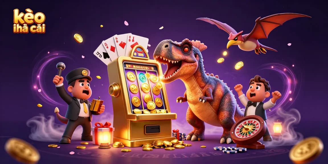 Engaging scene featuring kèo nhà cái action with a cartoon dinosaur jackpoting at a slot machine surrounded by vibrant casino elements.