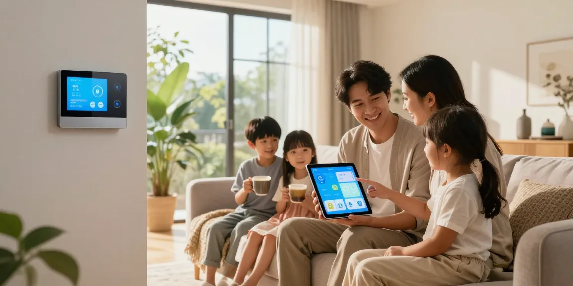 Family using a smart thermostat in a modern living room, showcasing energy-saving features and a cozy atmosphere.