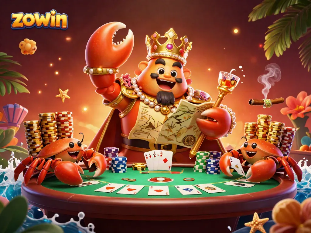 Zowin themed casino scene with crab emperor, poker elements, vibrant colors, and dynamic action