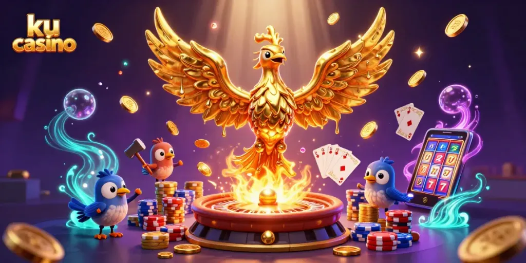 Experience thrilling gameplay at ku casino with a dynamic scene of a molten metal phoenix and vibrant casino elements.