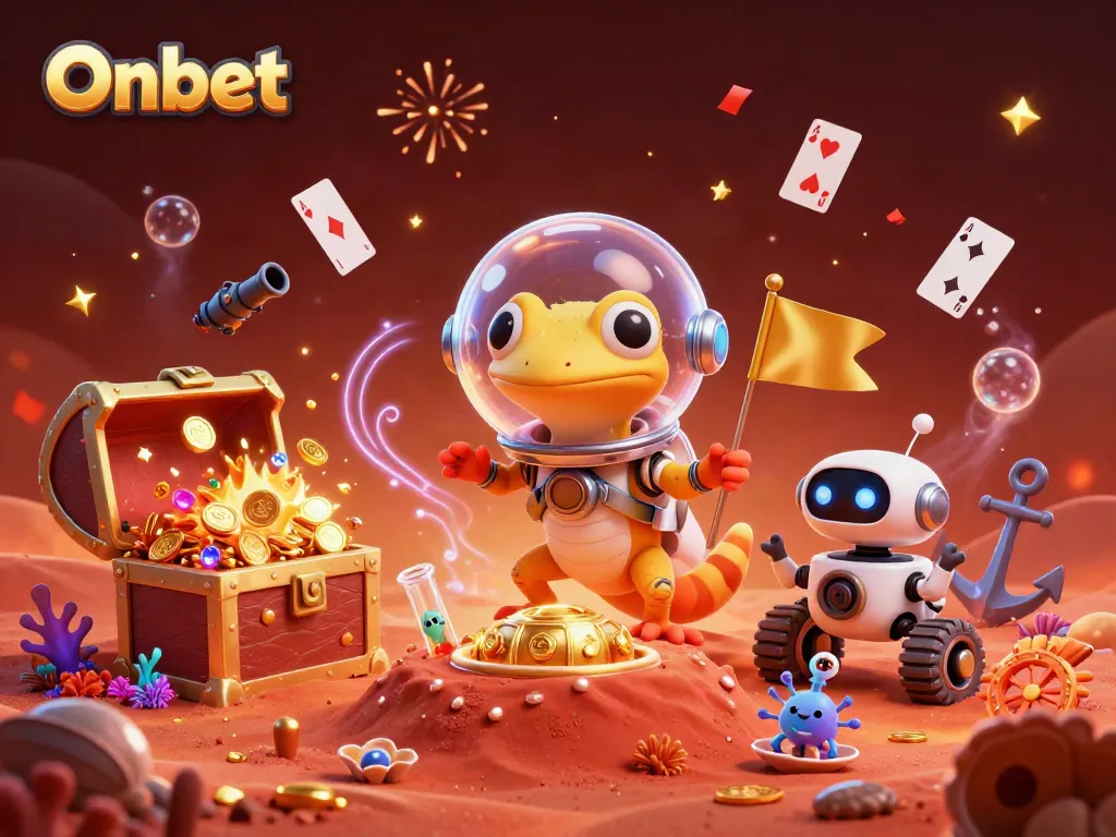 Onbet casino illustration featuring a Martian gecko exploring a golden casino with vibrant casino elements.
