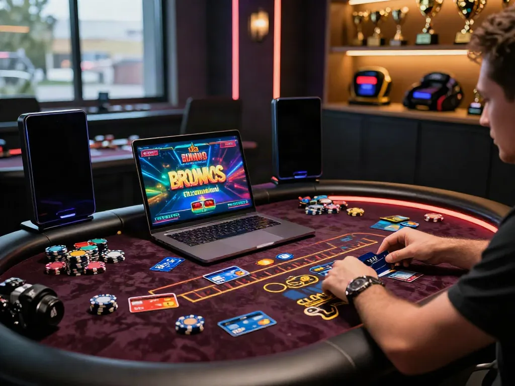 Captivating scene of a player engaging with credit card casinos, showcasing vibrant gaming on a laptop surrounded by cards and chips.