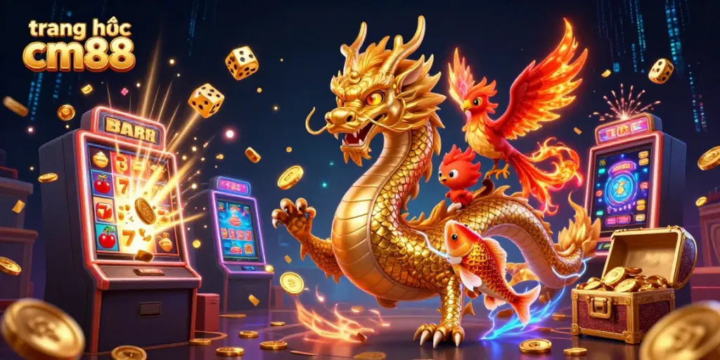 Experience the vibrant excitement of trang chủ cm88 with a golden dragon and colorful casino elements!