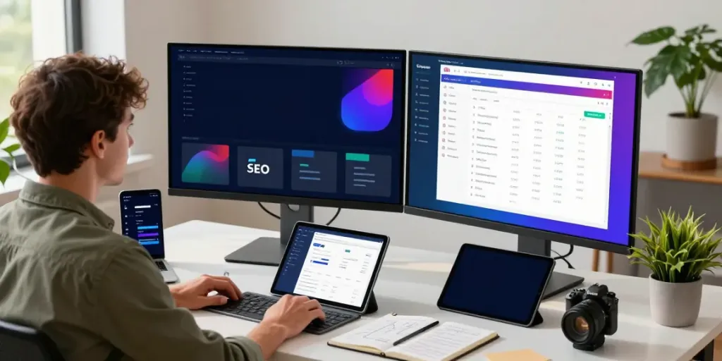 Professional in digital marketing analyzing instant indexing dashboard in modern workspace.