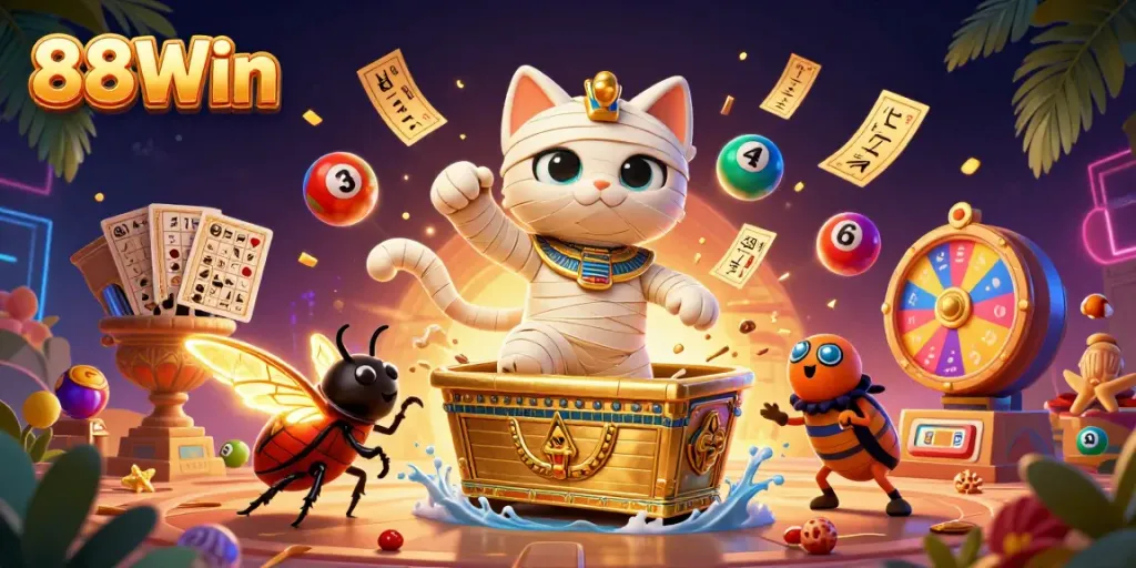 Engage with 88Win's vibrant casino world featuring a lively mummy cat and dynamic game elements.