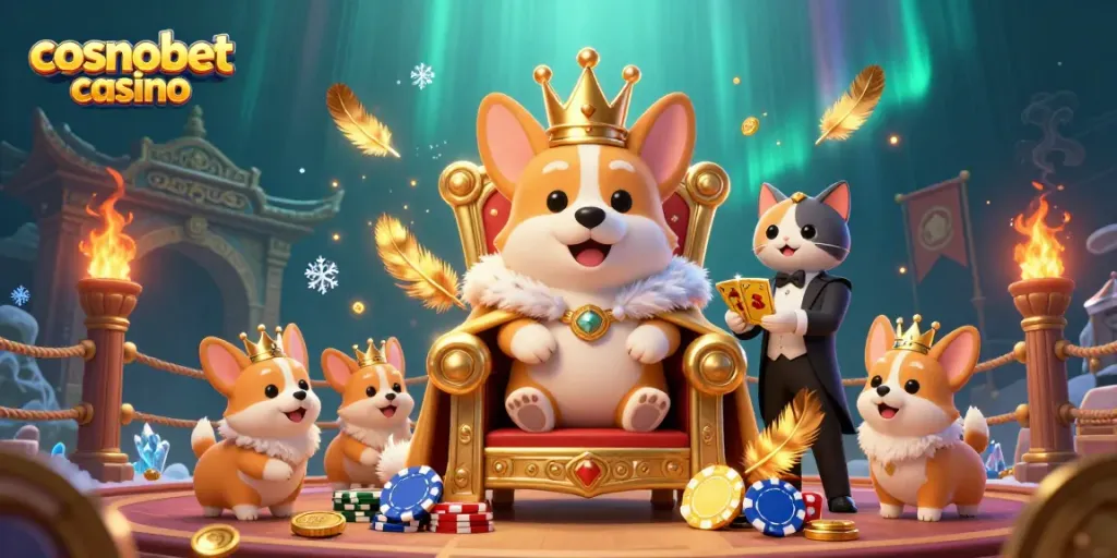 Experience the excitement of Cosmobet Casino with a royal corgi theme and dynamic casino elements.