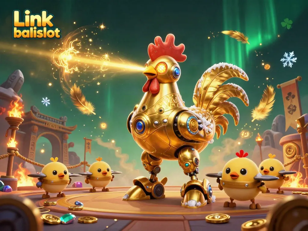 Engage in thrilling gameplay with Link balislot featuring golden rooster robot and baby chick drones.