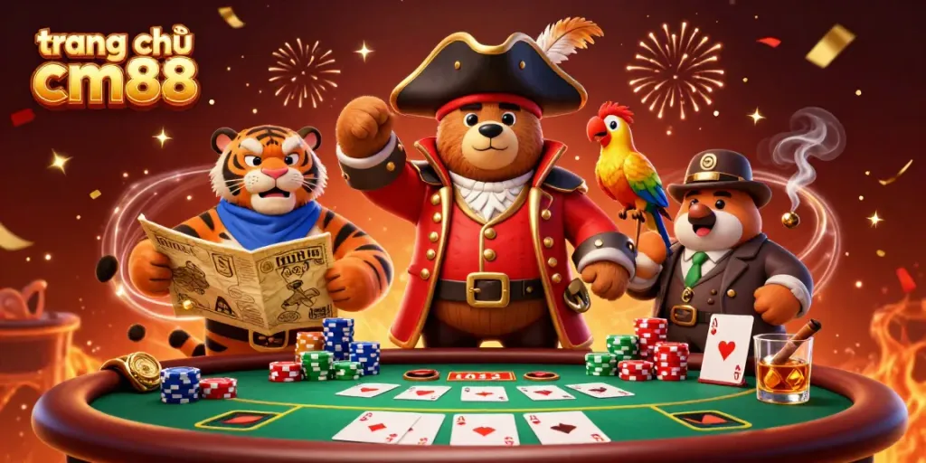 Engage with the excitement of trang chủ cm88 featuring a pirate bear, tiger, and parrot at a poker table.