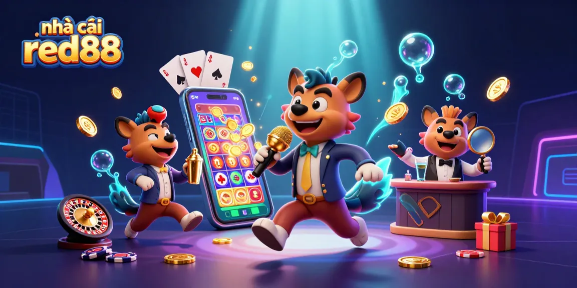 Experience fun at nhà cái red88 with a vibrant 3D illustration of hyenas in a lively casino.