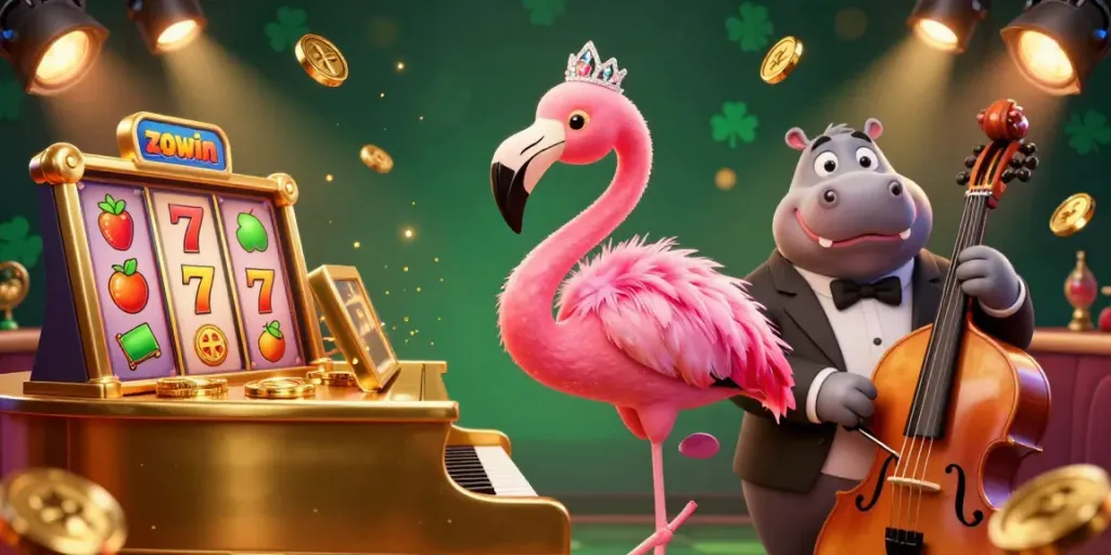 Zowin brings excitement to gambling with a glamorous lounge singing flamingo and a hippo bassist amidst a dynamic casino scene.