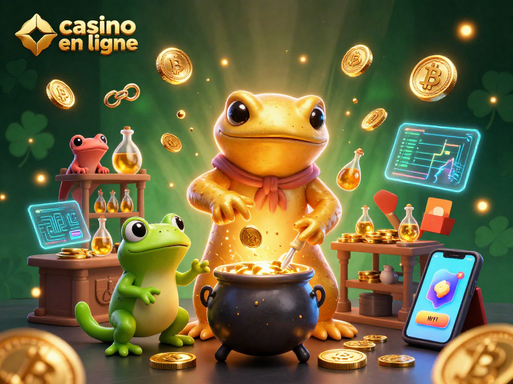 Jouer dans un casino en ligne tout en observant des créatures enchantées dans un laboratoire magique transmutant des métaux en pièces d'or.