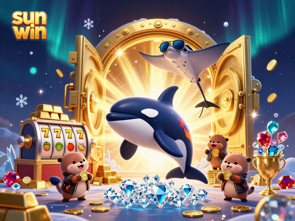 Join the sun win adventure with a dynamic 3D scene of sea creatures celebrating casino wins with vibrant gems and treasures.