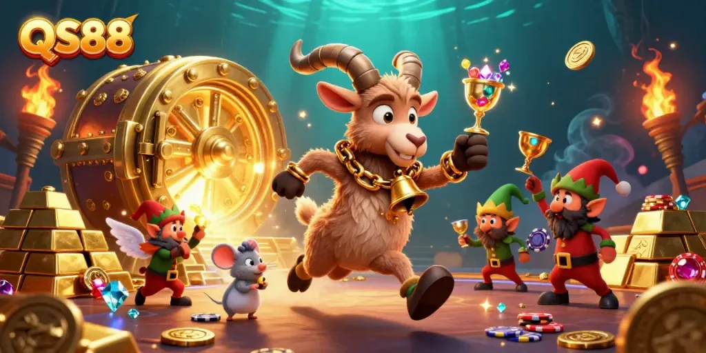 Experience thrilling fun at QS88's casino with cartoon characters in a festive scene filled with treasures.