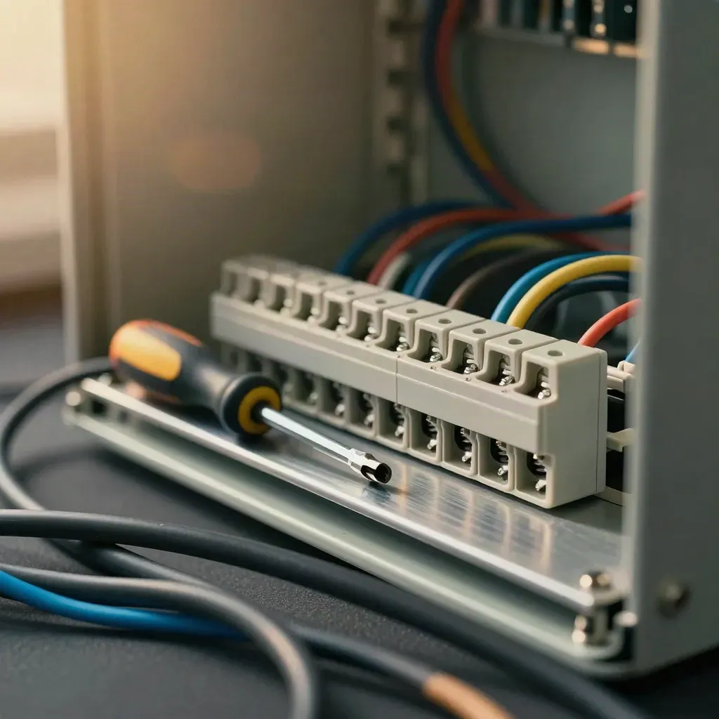 Relay socket, terminal strip, screwdriver and fuse holder in a repaired control panel.