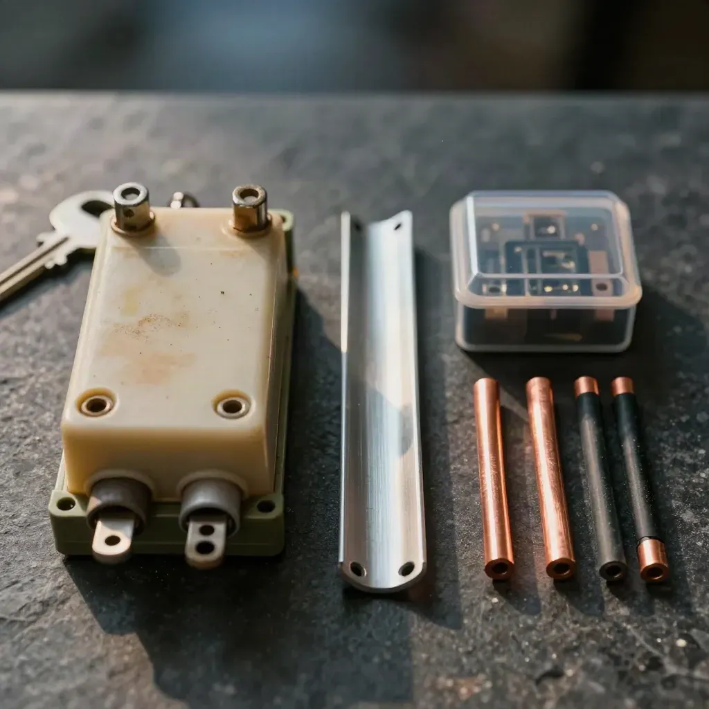 Top-down relay base beside DIN rail, ferrules and cable offcuts on dark stone.