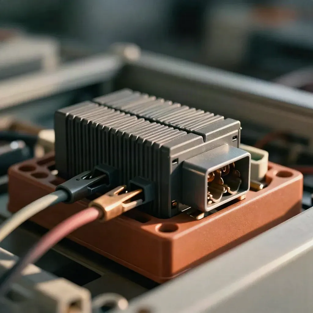 Macro of PLC hardware, relay and test harness on a terracotta-toned control cabinet tray.