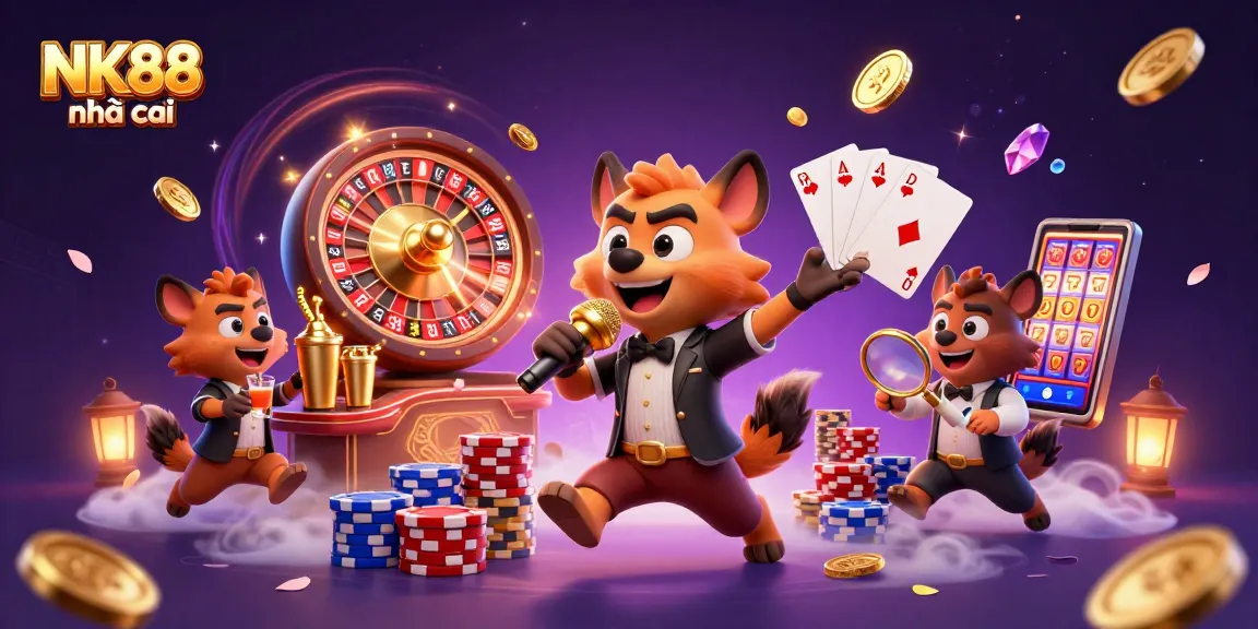 NK88 nhà cái showcases a vibrant casino club scene blending humor and gambling excitement with hyenas.