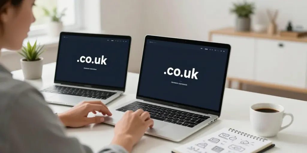 Explore cheap .co.uk domain registration in a bright home office.