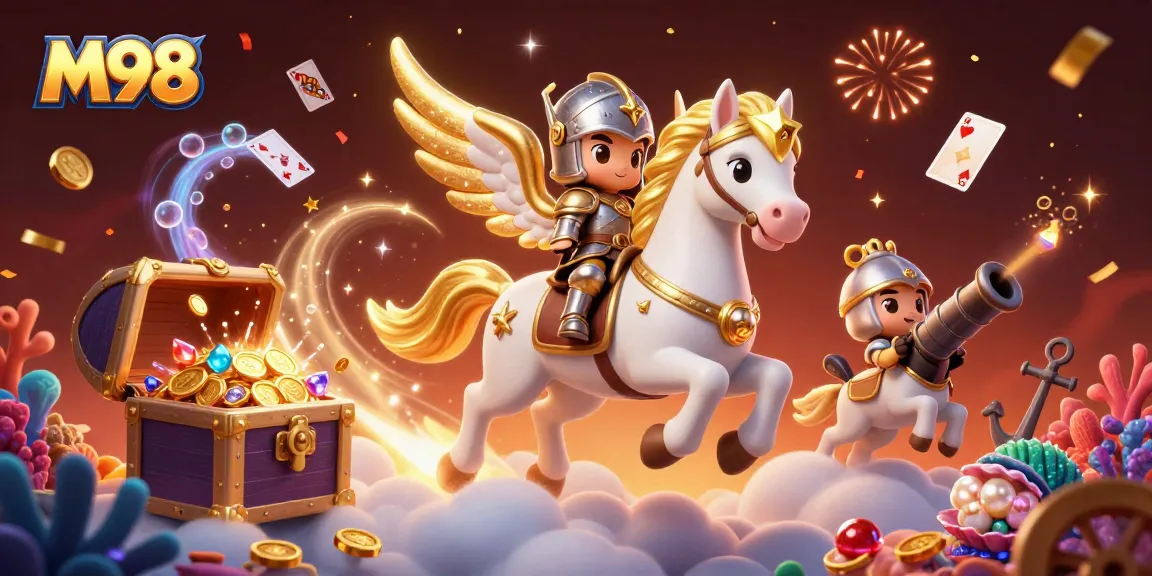 M98 players winning with a celestial white horse and knight in a vibrant casino world