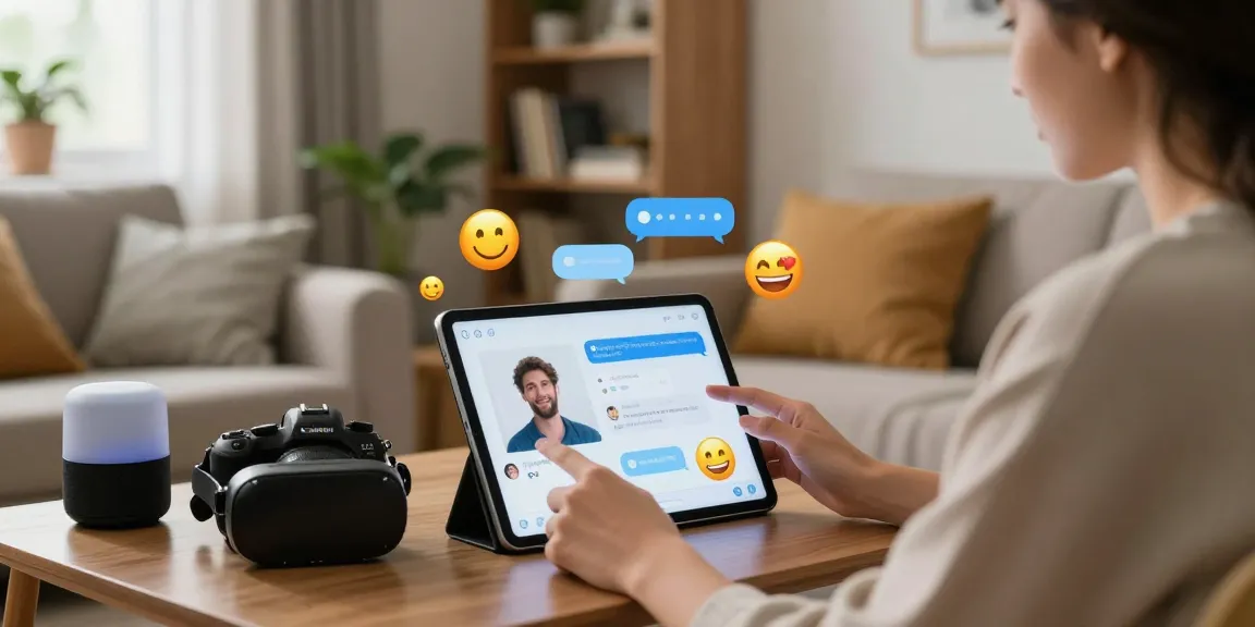 Engaging in ai sex chat through a sleek tablet in a cozy atmosphere.