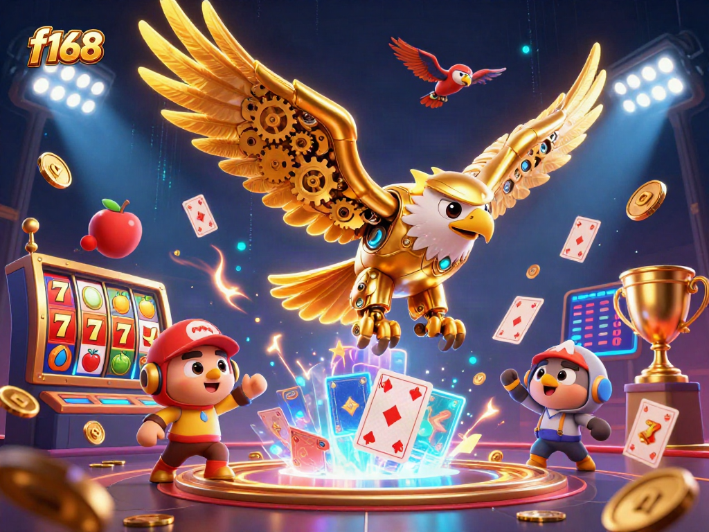 Engage with f168's thrilling casino experience featuring golden eagle amidst vibrant gaming elements.