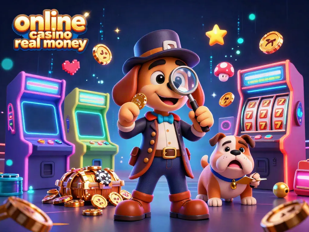 Play at an online casino real money with cartoon characters solving clues amidst vibrant gaming elements.