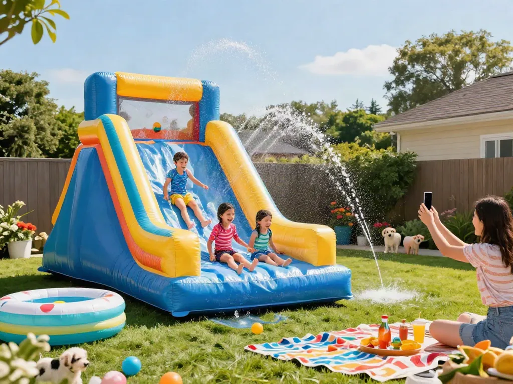 Children enjoying a colourful slip and slide in a vibrant summer backyard, surrounded by inflatable toys and laughter.