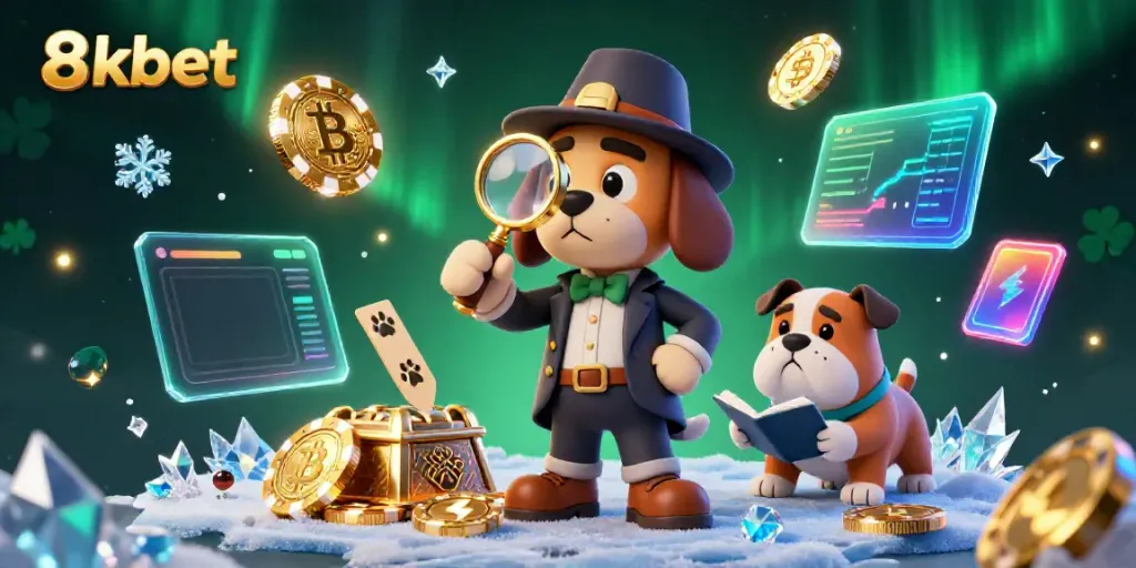 Engage with 8xbet through a dynamic 3D illustration of a detective discovering poker chip clues in a vibrant casino world.