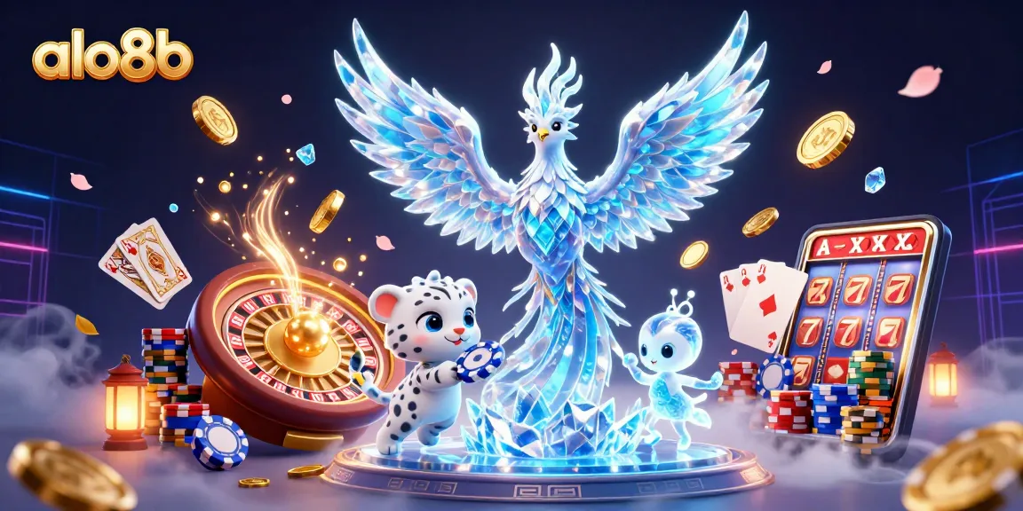 Experience the enchanting world of alo8b with a vibrant 3D illustration of an ice phoenix and playful snow leopard amidst casino treasures.