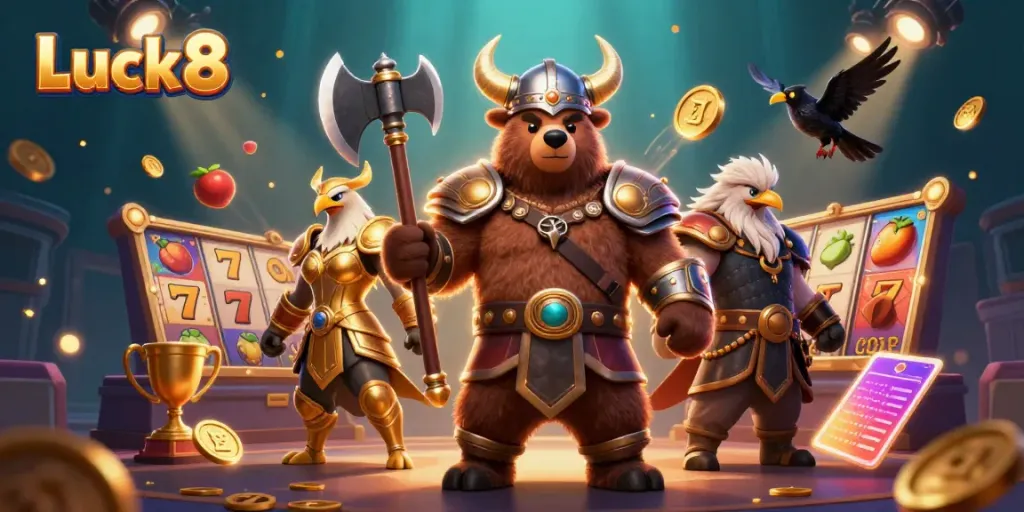 Experience winning strategies with Luck8 in an engaging casino-themed 3D illustration.
