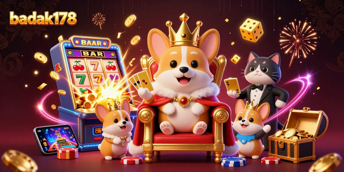 Experience the thrilling atmosphere of badak178 with a royal corgi on a poker chip throne amidst a jackpot explosion.