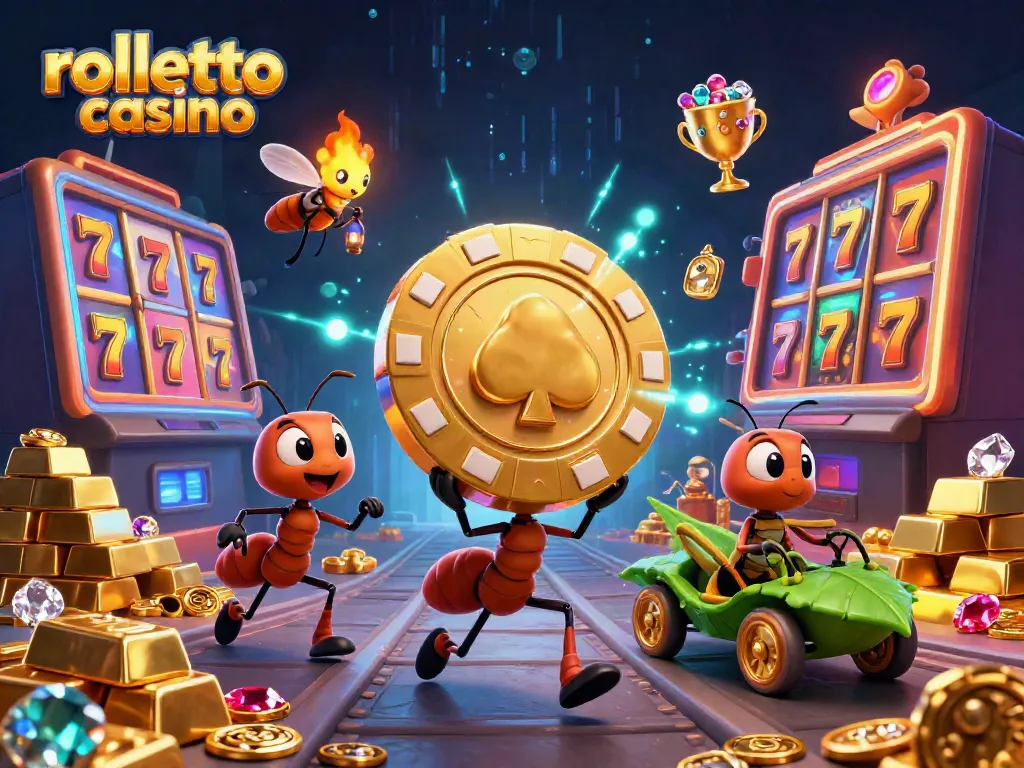 Experience the excitement of rolletto casino with a cartoon heist featuring cheerful ants, dazzling gold, and slot machines.