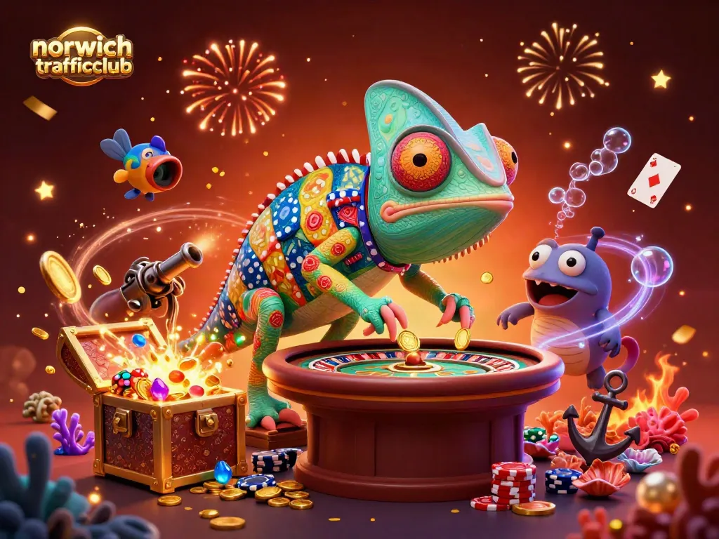 Experience the excitement of the norwichtrafficclub with a vibrant, engaging casino scene featuring a chameleon character.