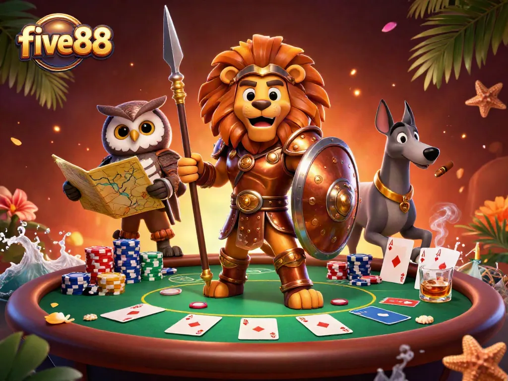 Experience the excitement of five88 with a 3D illustration of a Spartan lion and gaming elements.