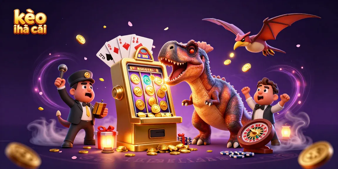 Engaging scene featuring kèo nhà cái action with a cartoon dinosaur jackpoting at a slot machine surrounded by vibrant casino elements.