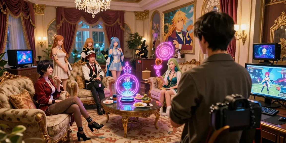 Interactive hentai game scene with characters in a vibrant anime mansion setting
