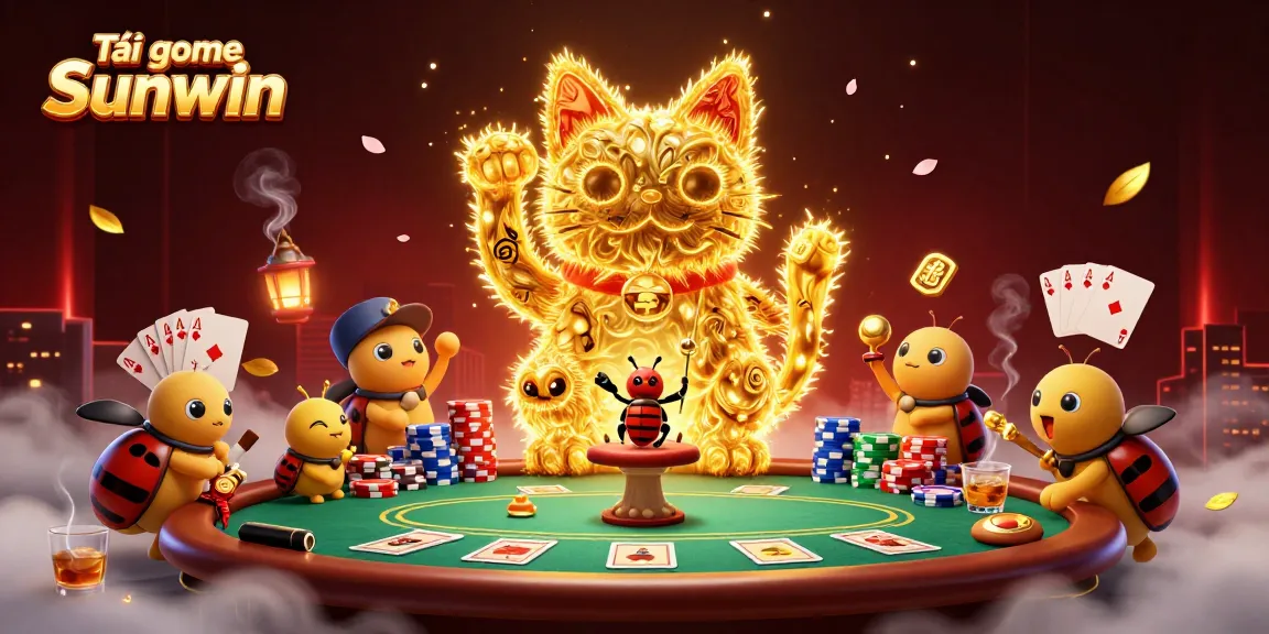 Tải game Sunwin with a lucky cat and colorful poker chips in a vibrant casino illustration.
